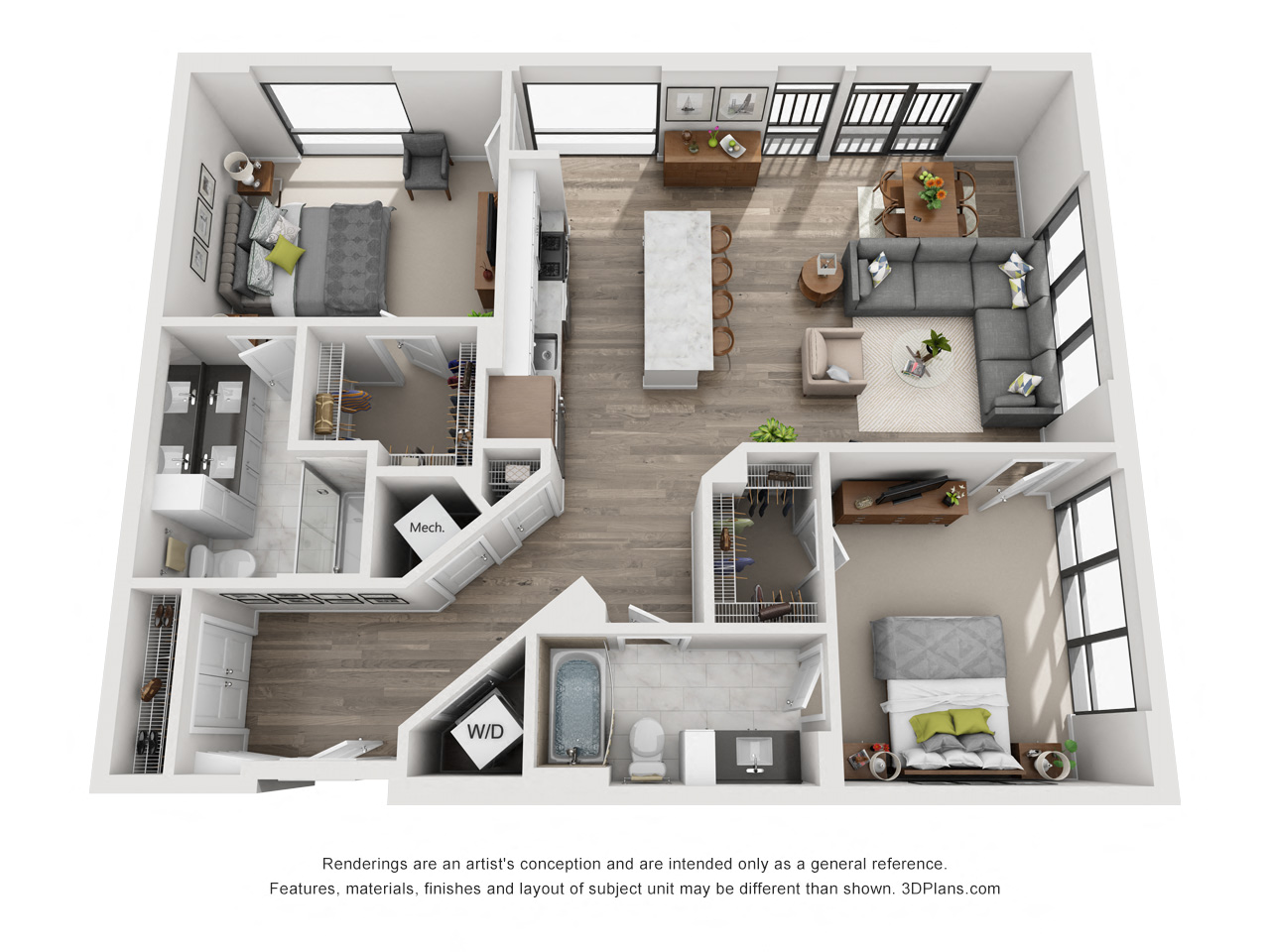 Floor plan for 2 beds, 2 baths, 1207 sqft